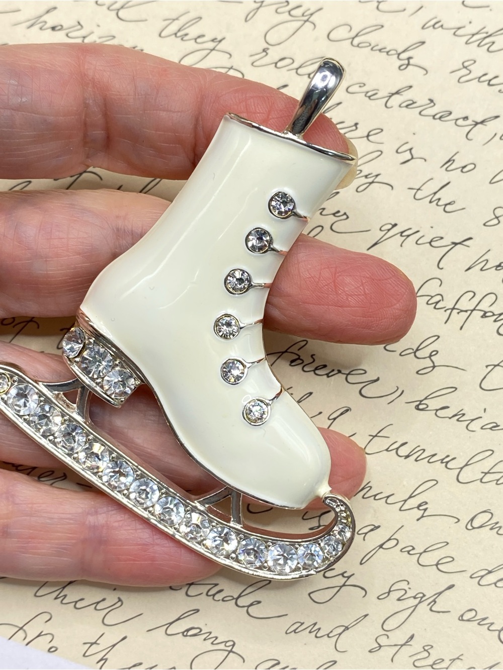 White Ice Skating Boot Pendant With Sparkling Rhinestone Necklace